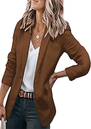 WIWIQS Women's Comfortable Long-Sleeve Open Front Blazer Suit — Brown