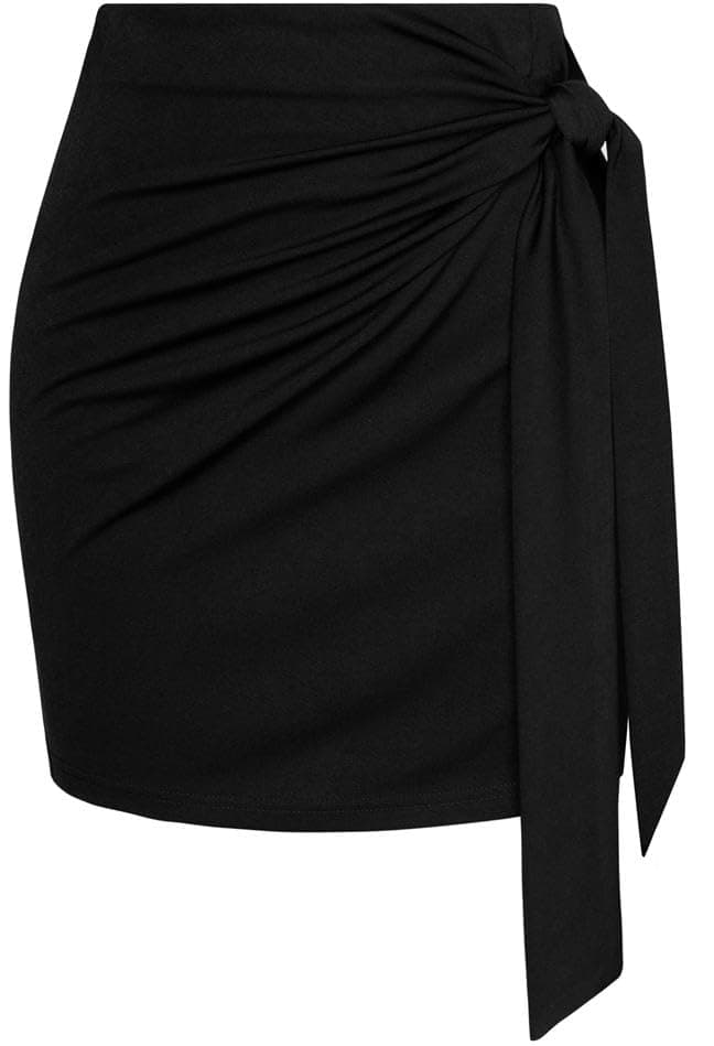Kate Kasin High Waist Elastic Plaid Mini Skirt with Bow Tie Stretch — Black