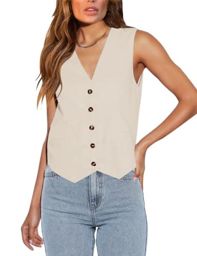 Floral Find Women's Casual Sleeveless V-Neck Business Vest with Pocket — Beige