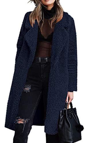 Angashion Women's Fuzzy Fleece Lapel Open Front Long Cardigan Coat — Navy