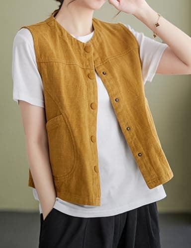 Womens Cotton Linen Vest Casual Button Down Sleeveless Spring Jackets