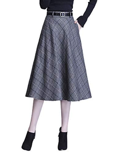 Women's High Waist Plaid A-line Midi Skirt by IDEALSANXUN — Grey