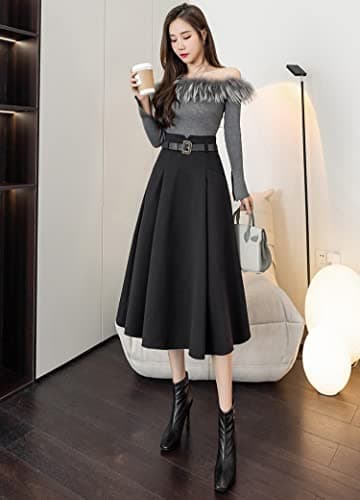 IDEALSANXUN High Waisted Wool Midi Pleated Skirts for Women Fall Winter