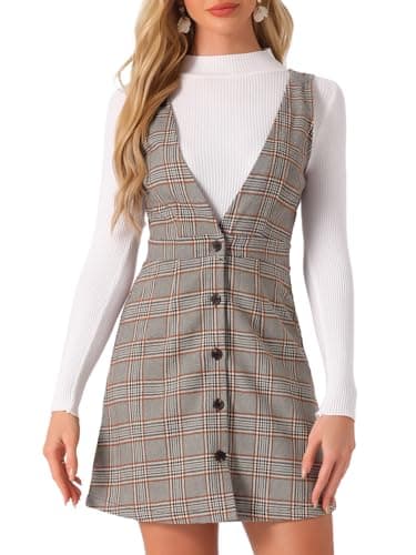 Women's Halloween Plaid Houndstooth Overalls Dress — Gray Brown