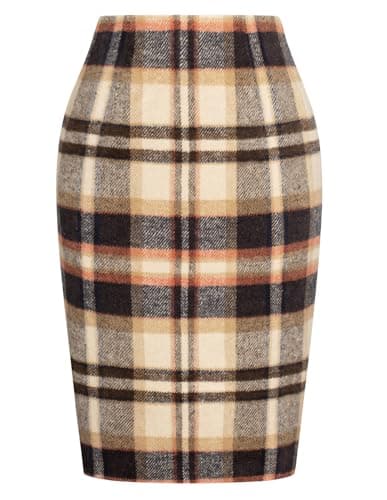 Women's High-Waist Wool Plaid Pencil Skirt for Fall and Winter — Dark Brown