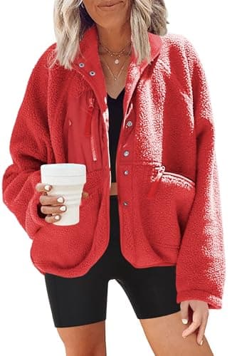 Nirovien Women's Fuzzy Fleece Button Down Sherpa Coat Winter Warm Coat — Orange Red