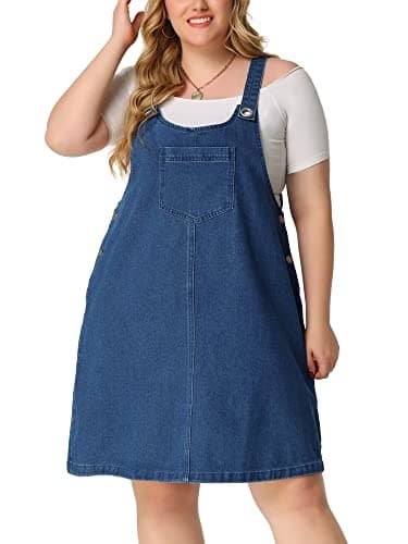 Agnes Orinda Plus Size Women's Denim Overall Bib Dress — Dark Blue