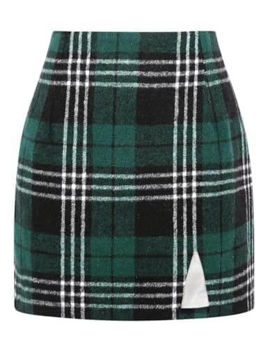 High Waisted Wool Plaid Mini Skirt with Slit for Women by IDEALSANXUN — Green 01