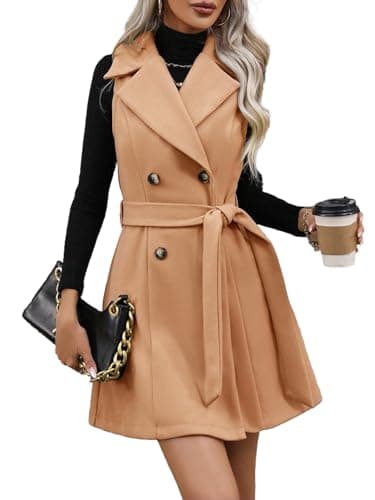 IDEALSANXUN Women's Long Wool Vest Trench Coat Belted Fall Winter Jacket — Camel