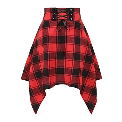 IDEALSANXUN High Waisted Plaid A-Line Asymmetrical Lace-Up Short Skirt for Women — Plaid Red 01