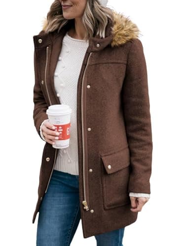 Shanfetl Women's Mid-Length Pea Coats with Faux Fur Hood — Brown