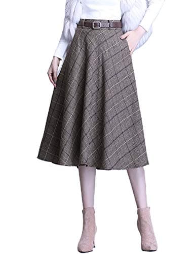 Women's High Waist Plaid A-line Midi Skirt by IDEALSANXUN