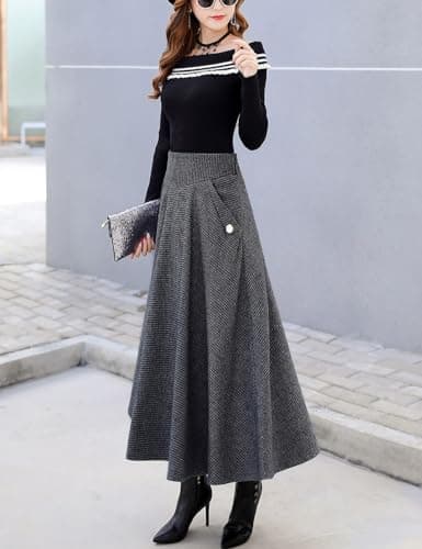 Chouyatou Women's Elegant Houndstooth Midi Wool Skirt with Pockets
