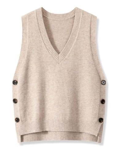 IDEALSANXUN Women's Sleeveless V-Neck Knit Pullover Sweatshirt Vest — Beige