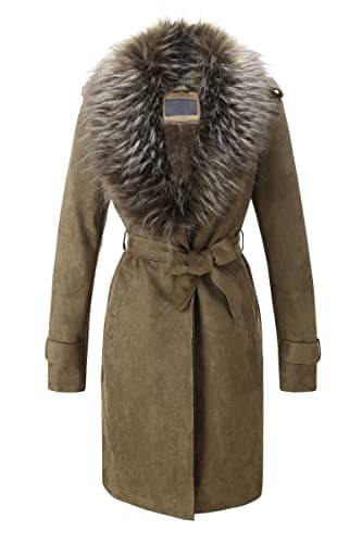 Bellivera Women's Faux Leather Trench Coat with Fleece Lining and Detachable Collar — Green