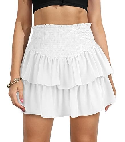 Vigorics Women's High Waist Tiered Mini Skirt with Shorts — White