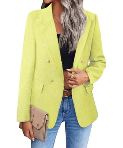 Mina Self 2025 Women's Spring Plaid Tweed Lapel Blazer Jacket with Pockets — 3-tweed/Yellowish Green