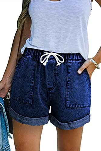 GOLDPKF Women's Mid-Waist Frayed Stretch Denim Shorts — B-dusty Blue