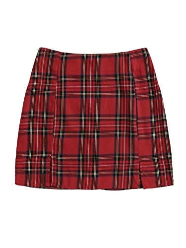 WDIRARA Women's High Waist Plaid Split Front Mini Bodycon Skirt — Red