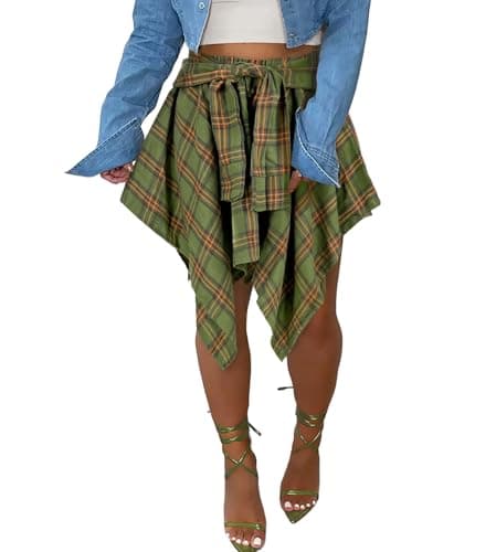 Atyfuniby Women's High Waisted Plaid Mini Skater Skirt with Knot Front — Grass Green