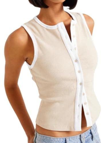 IDEALSANXUN Ribbed Button-Up Tank Top for Women Summer Vest Top — Beige