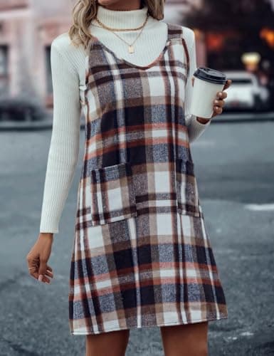 Sleeveless Plaid Overall Dress with Pockets for Women in Fall/Winter