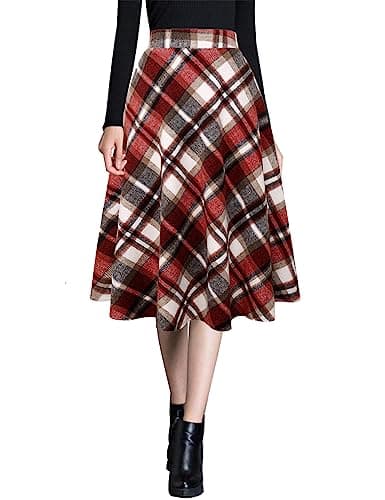 Ylingjun Warm Wool Midi Skirts for Winter Fall — Wine Red