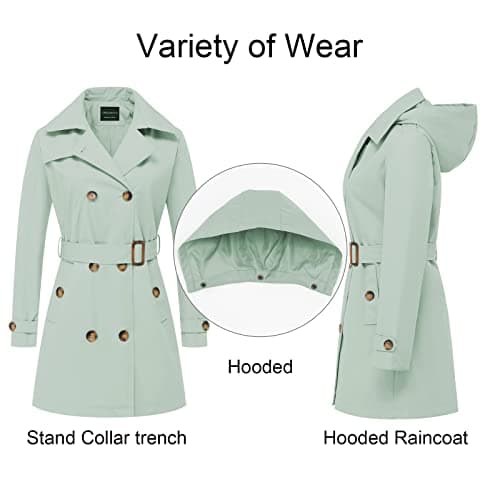 CREATMO Women's Double-Breasted Trench Coat with Hood Outerwear
