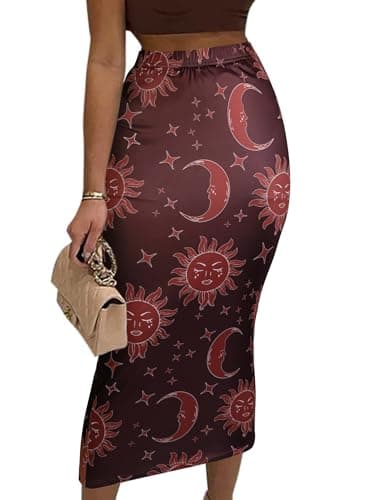 Avanova Women's Floral Print Pencil Midi High-Waisted Skirt — Brown Sun