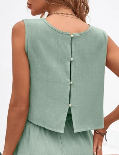 IDEALSANXUN Women's Crop Linen Tank Top Casual Summer Blouse