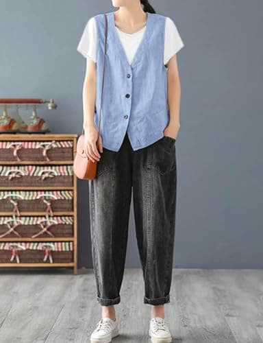 Women's Cotton Linen Vest Lightweight Jacket