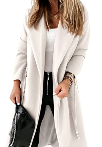 Ladiyo Women's Classic Open Front Belted Long Coat — White