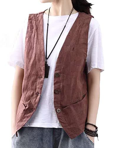 Cotton Linen Women's Sleeveless Vest Fashion Casual Blazers — Coffee