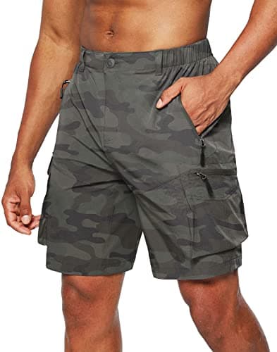 Men's Pudolla Quick-Dry Hiking Cargo Shorts with Multi Pockets for Camping and Travel — Green Camo