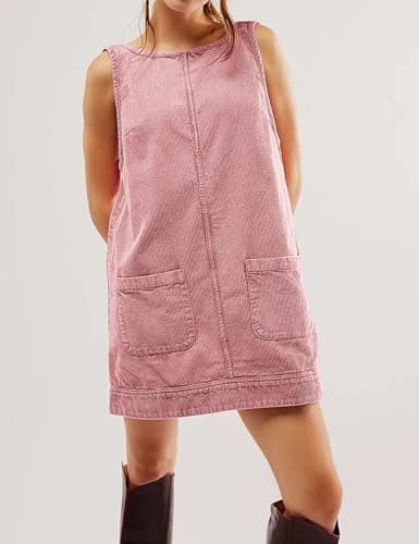Hooever Women's Corduroy Overall Mini Dress with Pockets