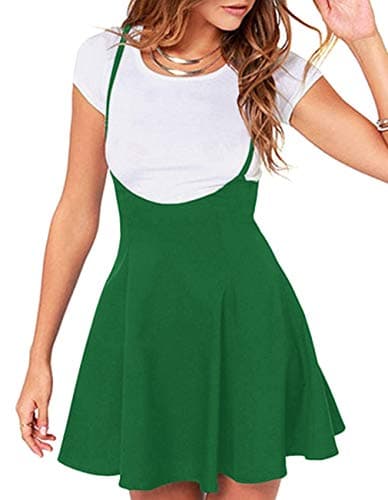 Jedyful Women's Casual High Waist Flare Skater Skirt with Shoulder Straps — 01-y-green