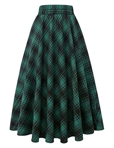 Women's Plaid A-line Midi Pleated Skirt — Green 02