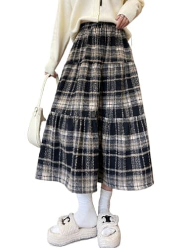 IDEALSANXUN Wool Plaid Midi Skirt for Women Fall Winter — Navy