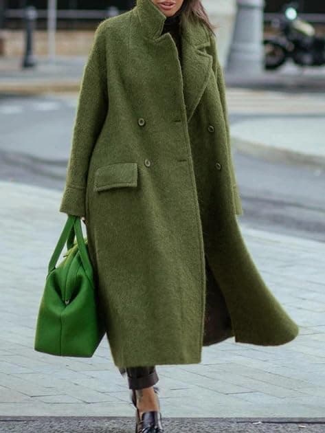 Women's Long Wool Double Breasted Pea Coat Notched Lapel