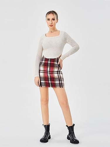 Scacto Women's Casual High Waist Plaid Wool Mini Skirt