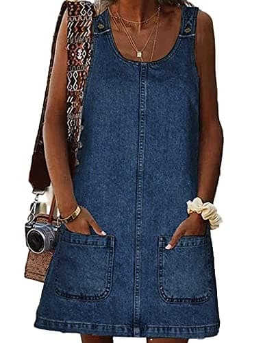 BZB Women's Casual Sleeveless Denim Overall Dress with Pockets — Navy Blue