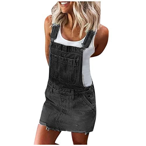 HXHYQKP Classic Denim Adjustable Strap Overall Dress with Suspender Skirt