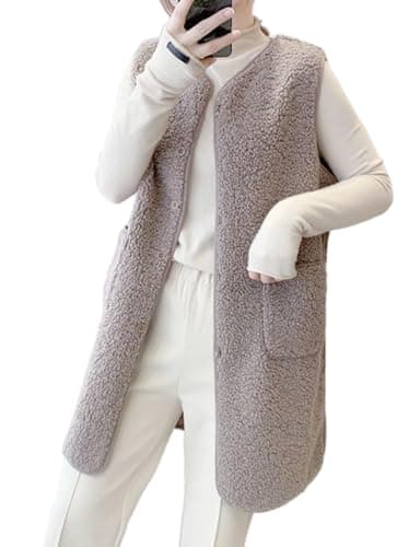 IDEALSANXUN Women's Fall Winter Long Fleece Sherpa Fuzzy Cardigan Vest — Light Coffee