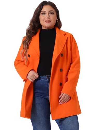 Agnes Orinda Plus Size Notched Lapel Double Breasted Long Coat — Orange