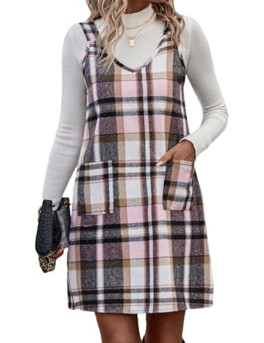 Sleeveless Plaid Overall Dress with Pockets for Women in Fall/Winter — Pink