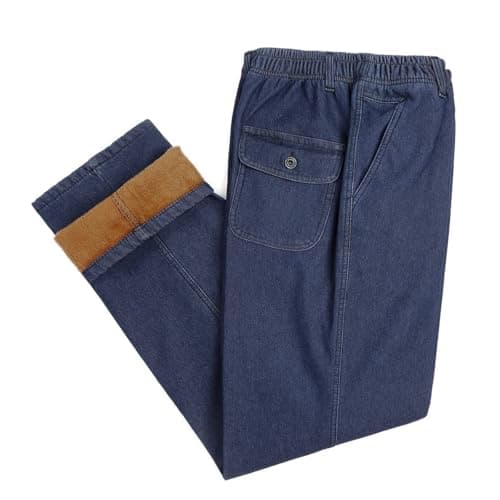 Warm Fleece Lined Jeans for Men with Elastic Waist — Retro Blue/Fleece