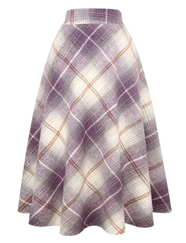 Women's Long Plaid Wool Skirt for Winter: High Waisted A-line Flare — Purple