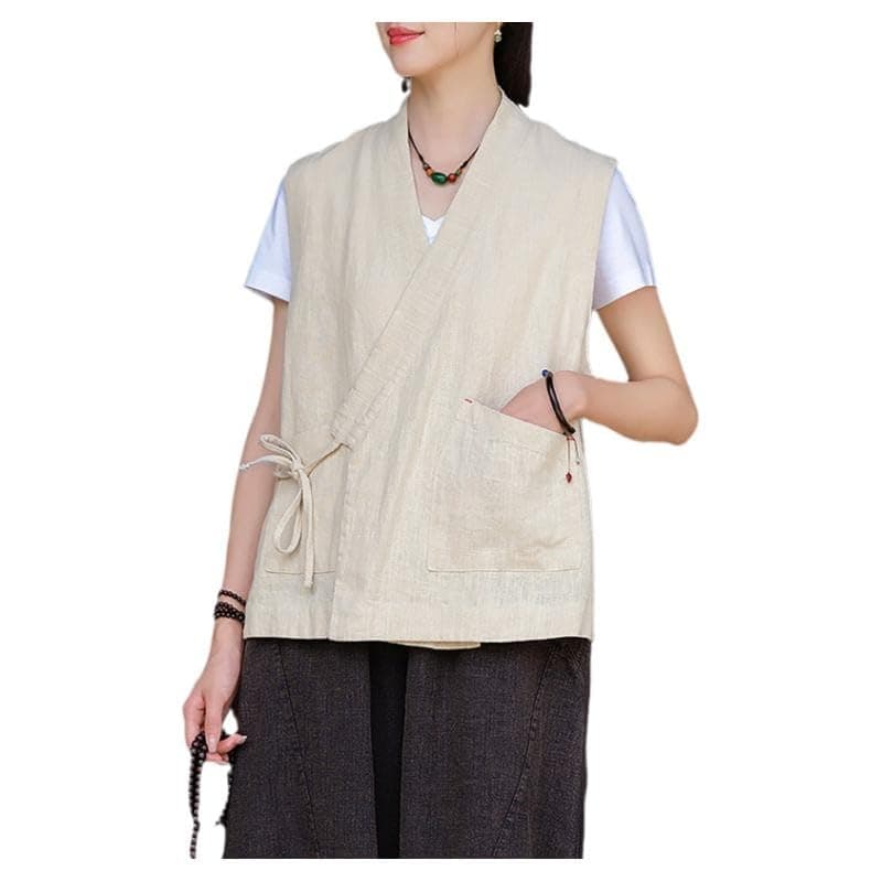 LUZU JUNU Women's Lightweight Cotton Linen Sleeveless Blazer Vest — Linen