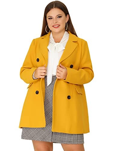 Agnes Orinda Plus Size Notched Lapel Double Breasted Long Coat — Mustard Yellow