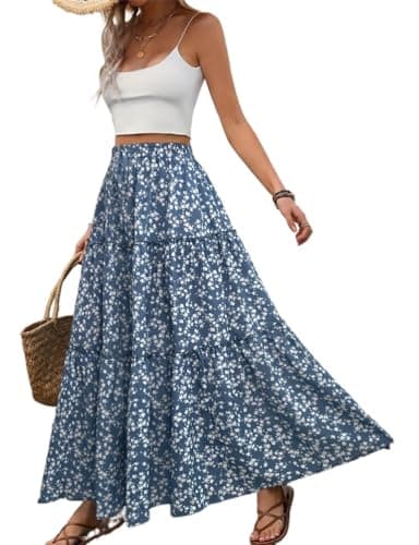 IDEALSANXUN Women's 2024 Summer Boho Elastic High Waisted Tiered Maxi Skirt